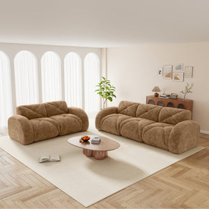 English Elm Three Seater Chenille Sofa with Ottoman Solid Wood Base Tufted Arms Living Room Camel W714S01635