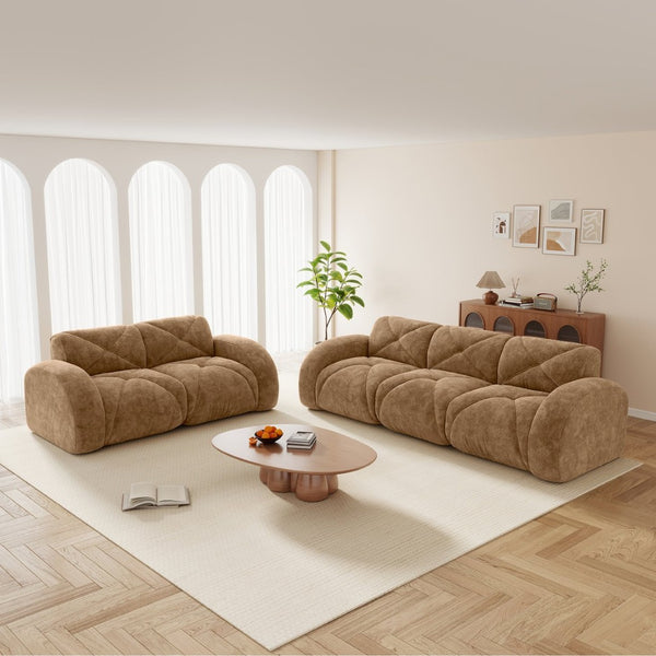 English Elm Three Seater Chenille Sofa with Ottoman Solid Wood Base Tufted Arms Living Room Camel W714S01635