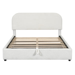 English Elm Teddy Plush Upholstered Platform Bed Queen with Hydraulic Storage, Teddy Fleece Comfort & Sturdy Frame White SF000166AAK
