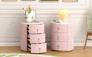 English Elm 2 Upholstered Nightstand Set with 3 Drawers, Round Velvet Bedside Table, Marble Top & Metal Handles Pink 24 L x 19.5 W x 18.89 H N733S272609H