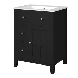 English Elm 24" Modern Bathroom Vanity with Ceramic Basin, French Country Cross-Grid Design & Soft-Close Drawers Black N710P280655B