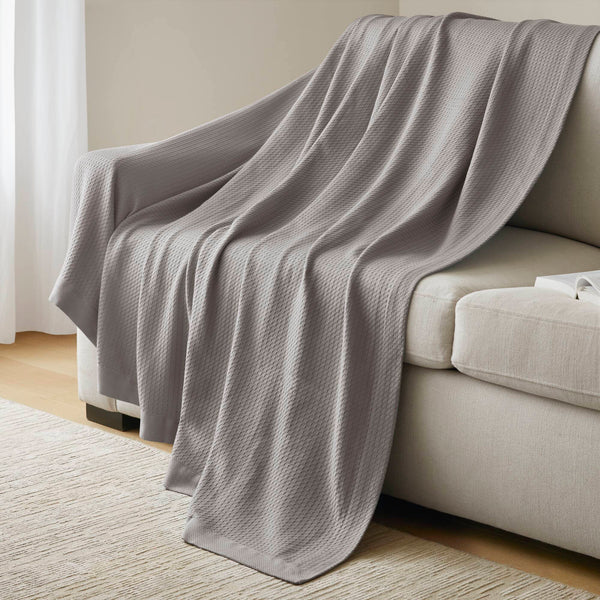 JLA Home Madison Park - Blanket Egyptian Cotton Ultra-Soft White Throw for Breathable Year-Round Comfort, Durable & Machine Washable Grey MP51N-5167