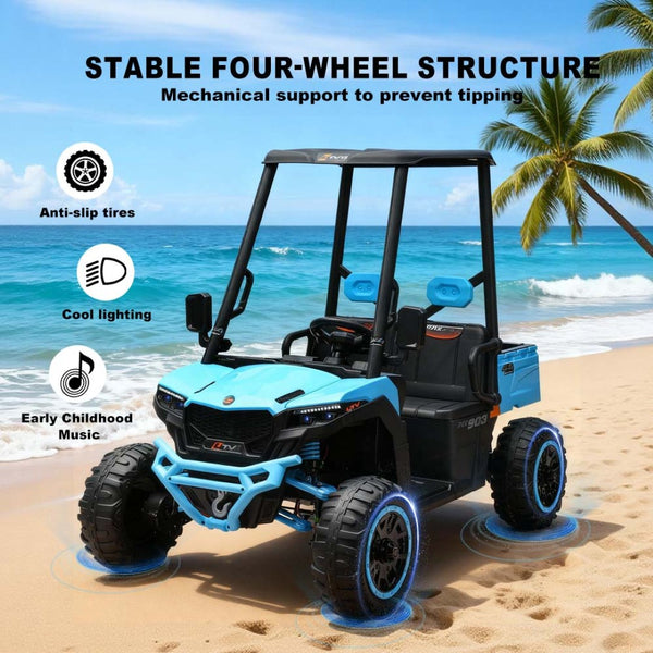 English Elm 24v Kids Electric Golf Cart Two Seat 4wd Ride on Toy with Remote and Sun Shade Blue W3822P387461