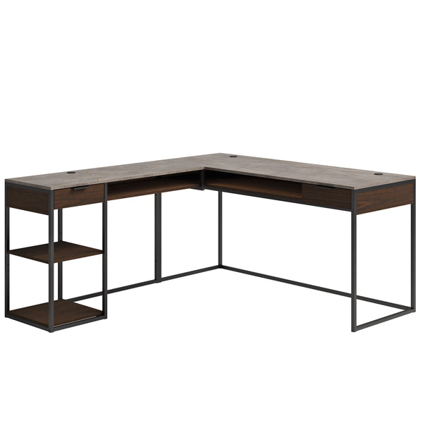 English Elm L-Shaped Desk In Warm Brown Finish, Stylish Corner Workspace With Hidden Storage & Durable Frame B356P367862