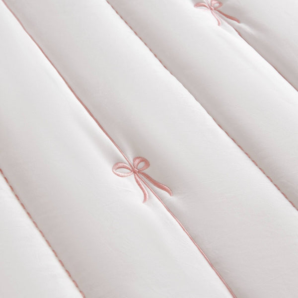 English Elm 3-piece Reversible Microfiber Quilt Set Bow Embroidery Ruffled Trim Romantic Bedroom Pink+White B035P482881