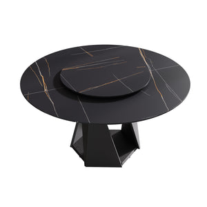 English Elm 59.05" Round Marble Dining Table With Black Iron Base, Elegant Turntable, Seats 6-8, Durable Design W1535S00404