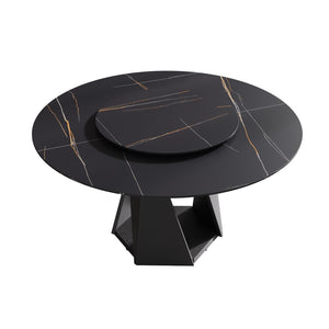 English Elm 59.05" Round Sintered Stone Dining Table with Lazy Susan Iron Base Seats 8 Black W1535S00638