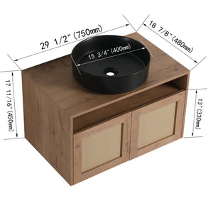 English Elm 30" Modern Wall-Mounted Bathroom Vanity With Black Ceramic Sink, Soft-Close Doors, Oak Finish W999S00398