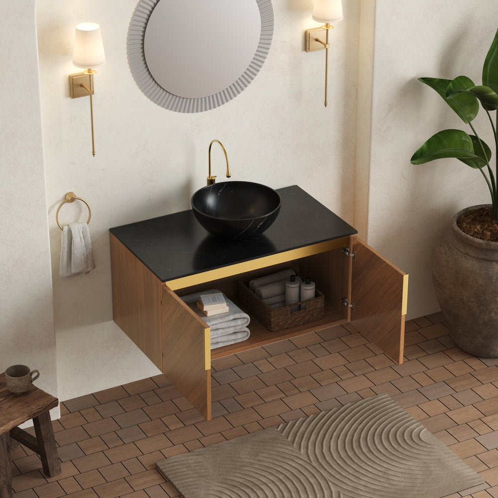 English Elm Arai 36" Floating Bathroom Vanity & Sink - Stylish Black Stone Countertop, Soft-Close Doors, Oak Finish W2615S00355