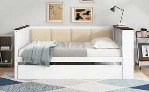 English Elm Twin Pine Wood Daybed with Trundle Upholstered Backrest Storage Shelf and Usb Port N7090002233K