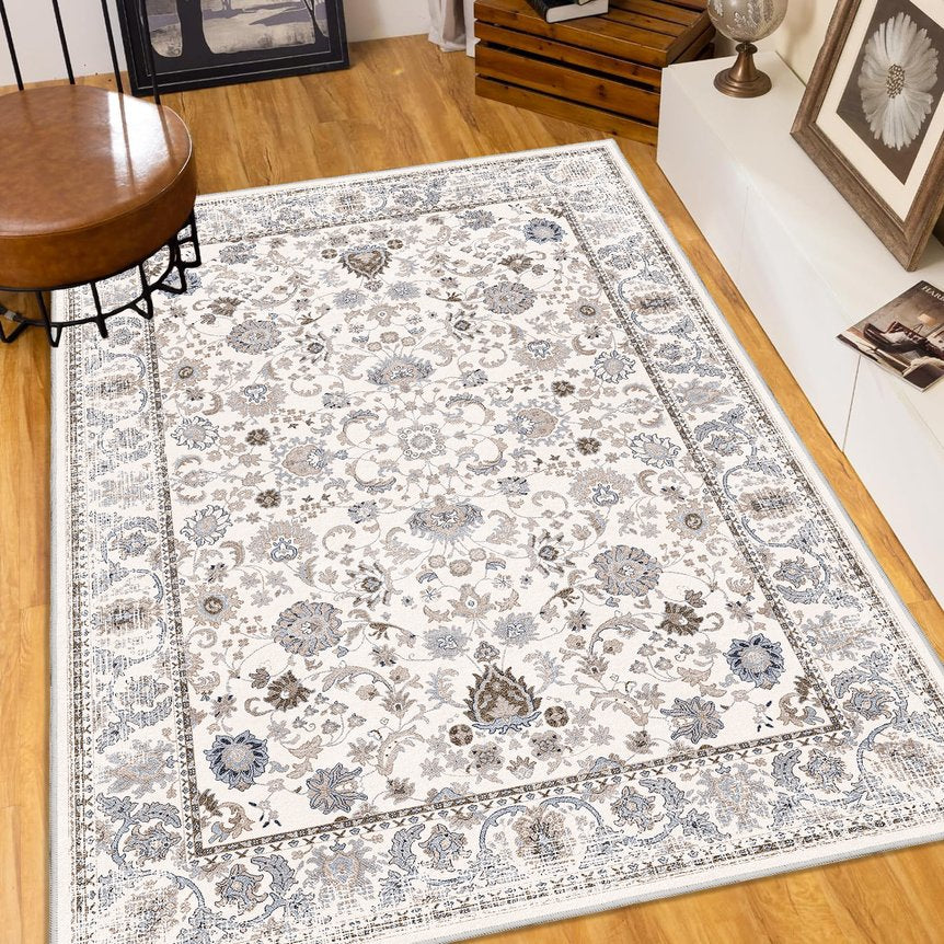 English Elm Area Rug 6X9 Vintage Bohemian Non-Slip Floral Design In Light Khaki/Beige - Washable & Durable! W2907P265118
