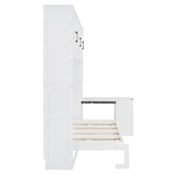 English Elm Twin Murphy Wall Bed with Integrated Closet Drawers and Desk for Studio Spaces White LP000595AAK-2