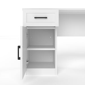 English Elm L-shaped Home Office Desk with Open Shelves Flip Shelf Cabinets and Drawer Storage White W1580S00492