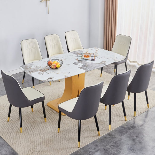 English Elm Table Set With Luxurious Pandora Glass Top & Gold C-Shaped Legs, 8 Ergonomic Pu Chairs Included W1151S03247-GIGA