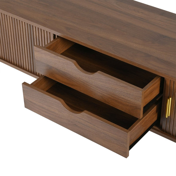 English Elm Wooden Fluted Tambour Media Console Mid Century Modern Tv Stand with Built in Charging Walnut N721P428444D
