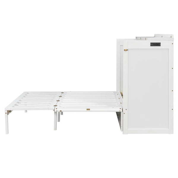 English Elm Queen Murphy Wall Bed Cabinet with Storage Drawer Built-in Power Outlets Usb Ports White LP000400AAK-1