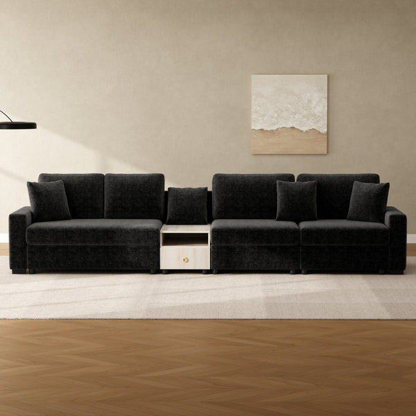 English Elm Modern Chenille Modular Sofa with Console Storage Armrest for Spacious Living Rooms Black N763S000065B