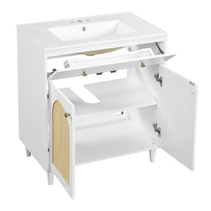 English Elm 30" Rattan Front Bathroom Vanity Solid Pine Cabinet with Ceramic Sink and Adjustable Shelf White N710P293988K