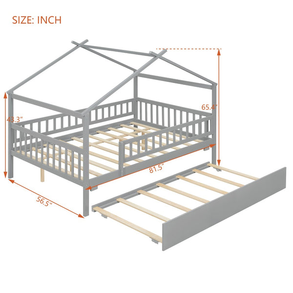 English Elm Full Size Pine House Bed with Roofline Frame and Roll Out Twin Trundle for Kids Gray LP100306AAE