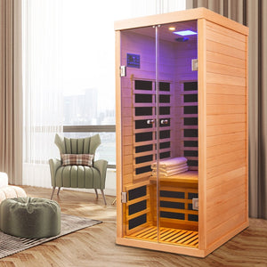 English Elm Low Emf Hemlock Infrared Sauna with Double Tempered Glass Doors and App Control W632S00021