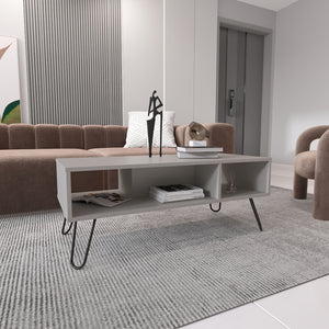 English Elm Vassel White Coffee Table with Hairpin Legs and Two Open Shelves, Modern 39" x17" Display Surface B200P235842