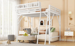 English Elm Queen Size Metal Loft Bed with Ladder and Built-In Storage Shelves, Sturdy High Bed for Teens 99" White W2580P379980