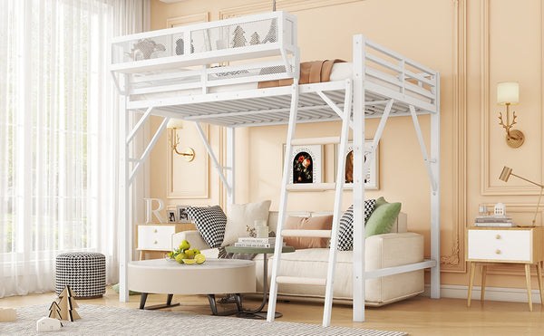 English Elm Queen Size Metal Loft Bed with Ladder and Built-In Storage Shelves, Sturdy High Bed for Teens 99" White W2580P379980