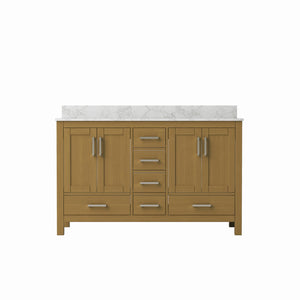 English Elm 55" Double Sink Bathroom Vanity Oak Cabinet with Carrara Top 6 Drawers 4 Doors T3785P442241