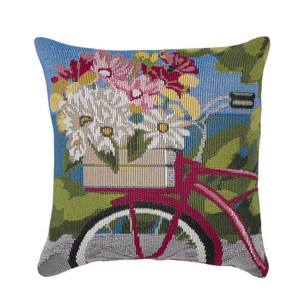 Trans Ocean Liora Manne Marina Summer Ride Pillow - 18" X 18" Easy Care Indoor/Outdoor Floral Bike Design Blue Polypropylene,Polyester 7mr8s960003