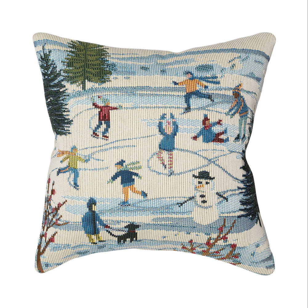 Trans Ocean Liora Manne Gone Skating 18" Indoor/Outdoor Pillow - Colorful Winter Fun With Snowmen & Trees! Blue Polypropylene,Polyester 7mr8s964703