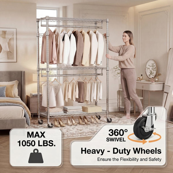 English Elm Heavy Duty Carbon Steel Rolling Garment Rack with Wire Shelving Dual Rods and Side Hooks Chrome W5386P480827