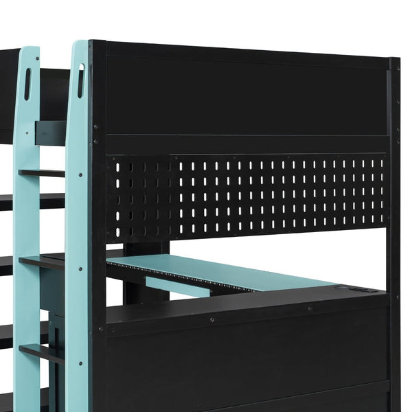 English Elm Full Size Gaming Loft Bed with Desk Rgb Lighting Power Outlet and Storage Drawer Blue LT000285AAC