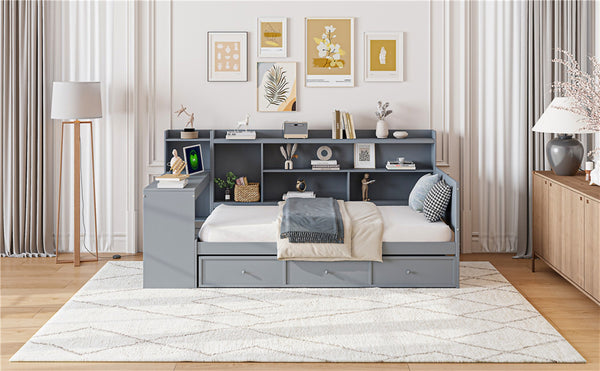English Elm Twin Size Multifunctional Wooden Daybed With Usb Ports, Desk & 3 Storage Drawers In Gray Finish N820S00017E-GIGA