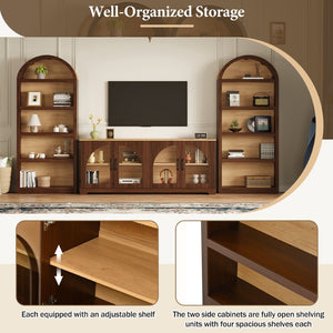 English Elm 3-piece Farmhouse Entertainment Center with Arched Glass Doors and Open Tower Shelving Walnut N721S000070P