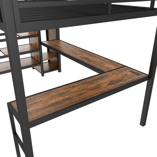 English Elm Queen Size Loft Bed With L-Shaped Desk, Usb Ports & Led Light - Modern Metal Frame For Stylish Spaces W1580S00180-GIGA