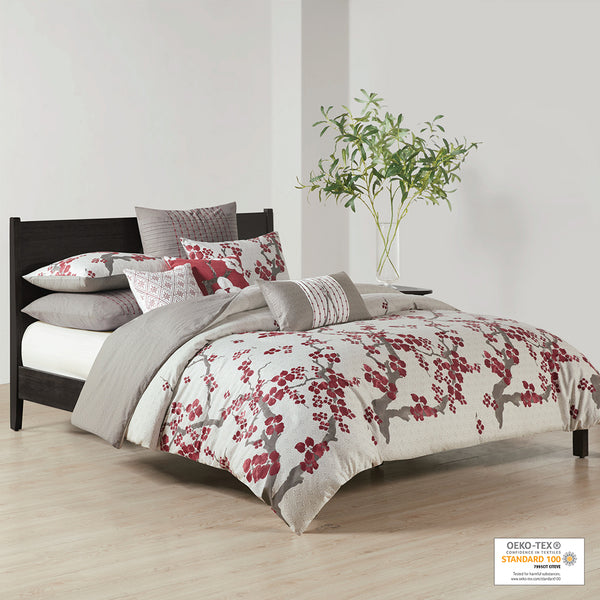 JLA Home N Natori - Duvet Cherry Blossom Cotton Sateen & Percale Reversible Set with Diamond Ground, OEKO-TEX Cert, Secure Fit 96 L x 92 W x 0.13H NS12-2005
