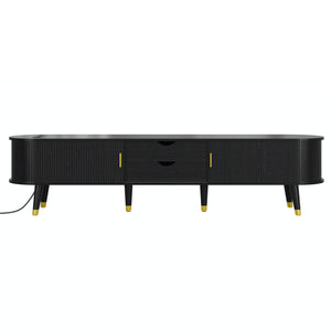English Elm [Assembly Wooden Oval Fluted TV Stand with Charging Station, 74.8" Mid-Century Media Console w/ Sliding Door and Gold Accents Black N721P297567B