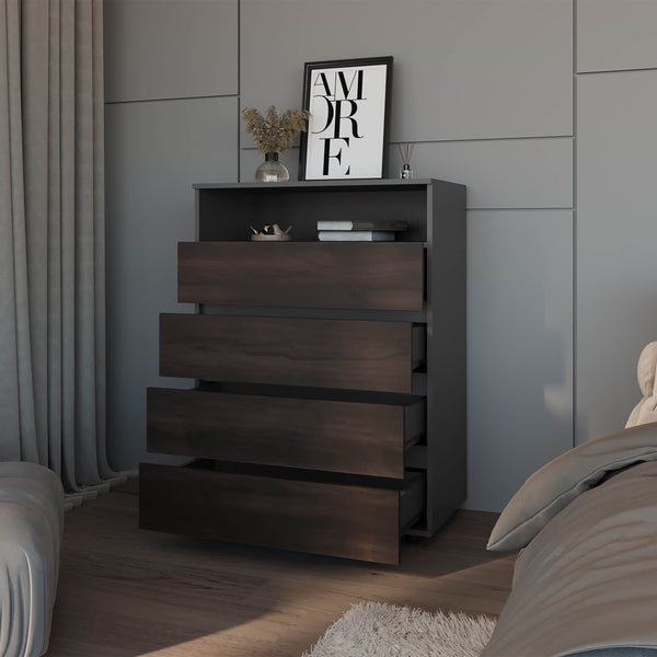 English Elm Stained Walnut Two-Tone 4-Drawer Dresser with Open Shelf — Matte Grey Accent, Modern Storage Appeal B062P357523