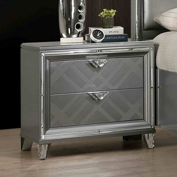 English Elm Contemporary Art Deco Nightstand with Hidden Jewelry Drawer Usb Port Acrylic Legs Silver B2741P436972
