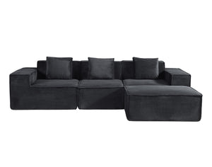 English Elm CozyForm Corduroy Convertible Sectional Sofa with Ottoman and Pillows, Modular L‑Shape Sleeper Comfort Black B2735S00031