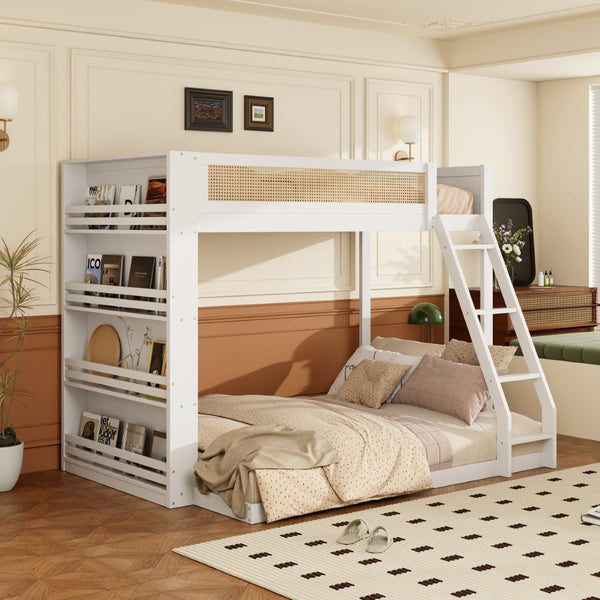 English Elm Twin Over Full Bunk Bed with Cane Guardrail Led Lighting and Built-in Bookshelf White LT000351AAK