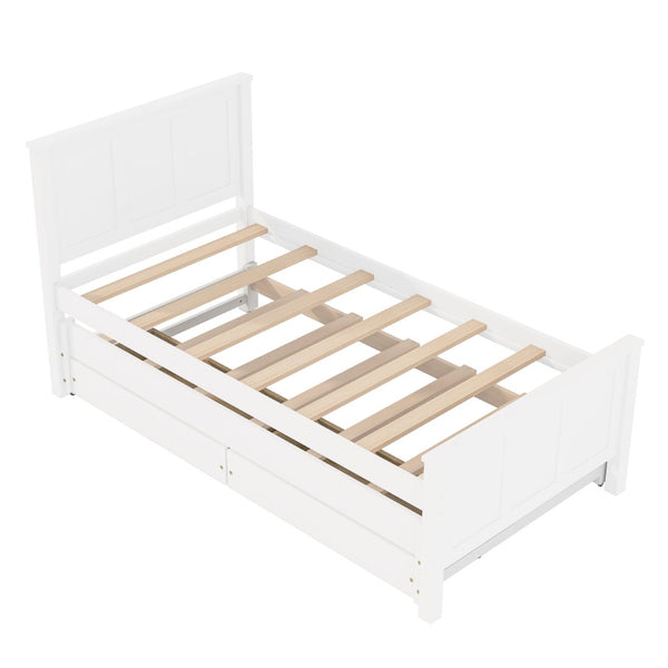 English Elm Twin Pine Platform Bed with Pull-out Trundle Storage Drawers for Kids or Guests White N7090008815K