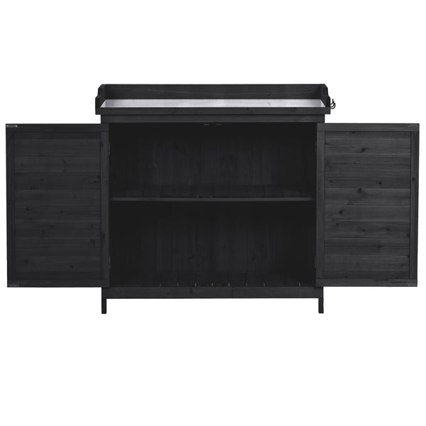 English Elm TOPMAX Rustic Fir Wood Potting Bench 39" with Galvanized Top, 2-Tier Shelves & Side Hooks, Black - Durable Garden Workstation N717P220218B