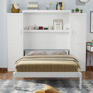 English Elm Queen Murphy Bed with 2 Wardrobes & Foldable Platform, Space-Saving White Queen Bedframe 650lbs N733S339767K