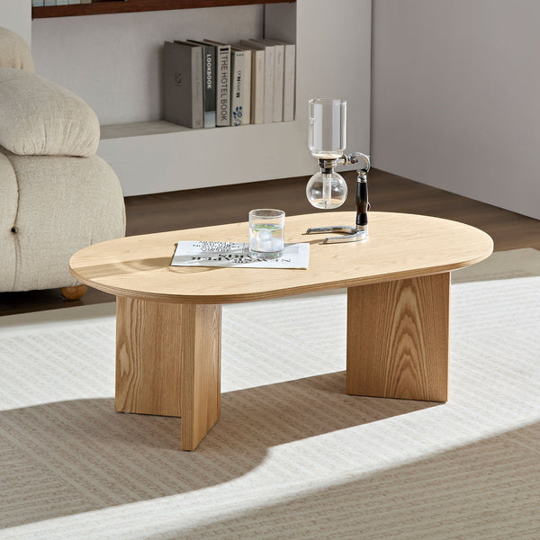 English Elm Length 39.37 Inch Modern Oval Coffee Table – Sleek MDF Pedestal Design, Space-Saving Durable Accent for Living Rooms and Apartments Oak W2582P217995