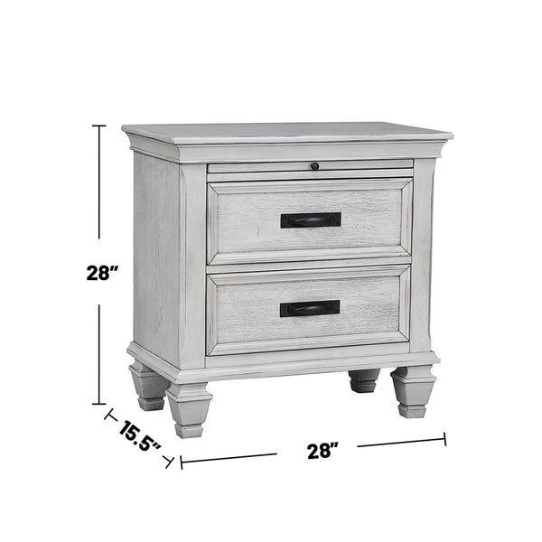 English Elm MDF Two-Drawer Nightstand with Pull-Out Tray, Cord Access, Distressed Antique White & Carved Legs B016P255544