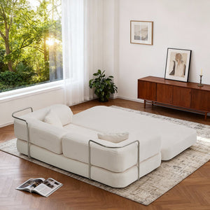 English Elm Floor Floor Couch Convertible 5-in-1 Corduroy Sofa Bed with Pillow-to-Blanket, Reinforced Frame Cream W3565P354961