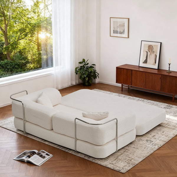 English Elm Floor Floor Couch Convertible 5-in-1 Corduroy Sofa Bed with Pillow-to-Blanket, Reinforced Frame Cream W3565P354961