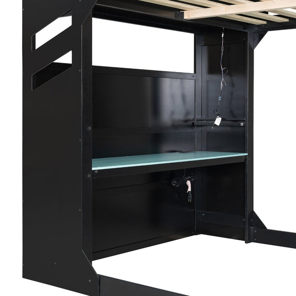 English Elm Full Size Loft Bed with Rgb Lighting Desk Drawers Hanging Rod Teen Bedroom Blue LT000288AAC-1