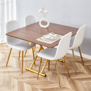 English Elm Table and Chair Set Adjustable Height Mdf Wood Grain Top with Four Linen Dining Chairs Golden+White W1151S03784